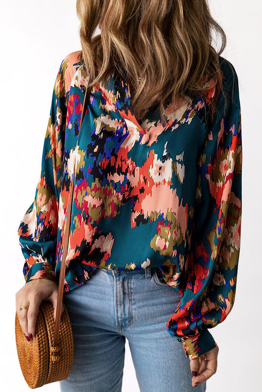 Green Graffiti Printed V Neck Puff Sleeve Blouse