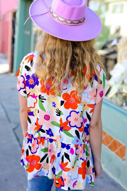 Plus Ivory and Coral Floral Babydoll Blouse