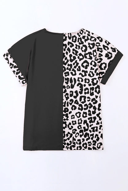 Black Cheetah Patchwork Short Sleeve Top