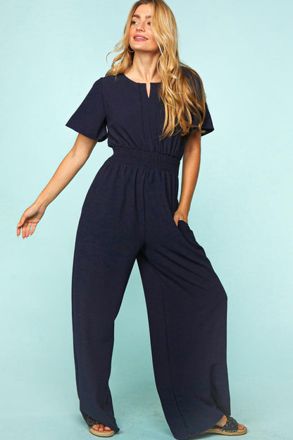 Navy Smocked Pocketed Jumpsuit