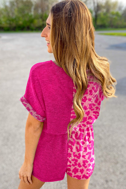 Pink Half Cheetah Print Drawstring Knit Romper