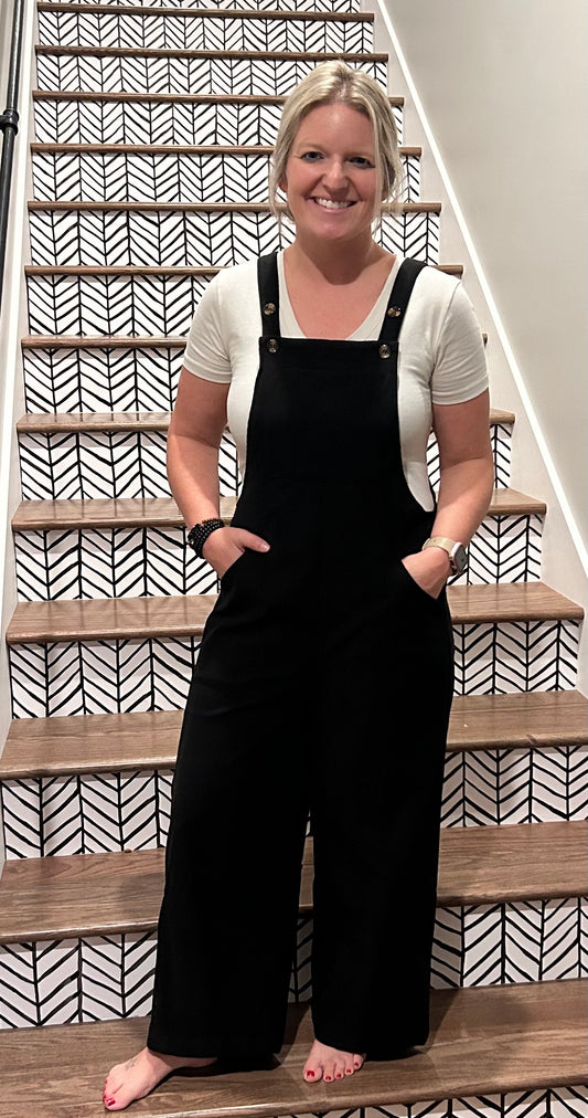 Black Stretch Corduroy Wide Leg Overalls