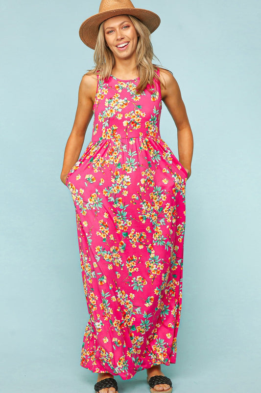 Fuchsia Floral Maxi Dress with Pockets