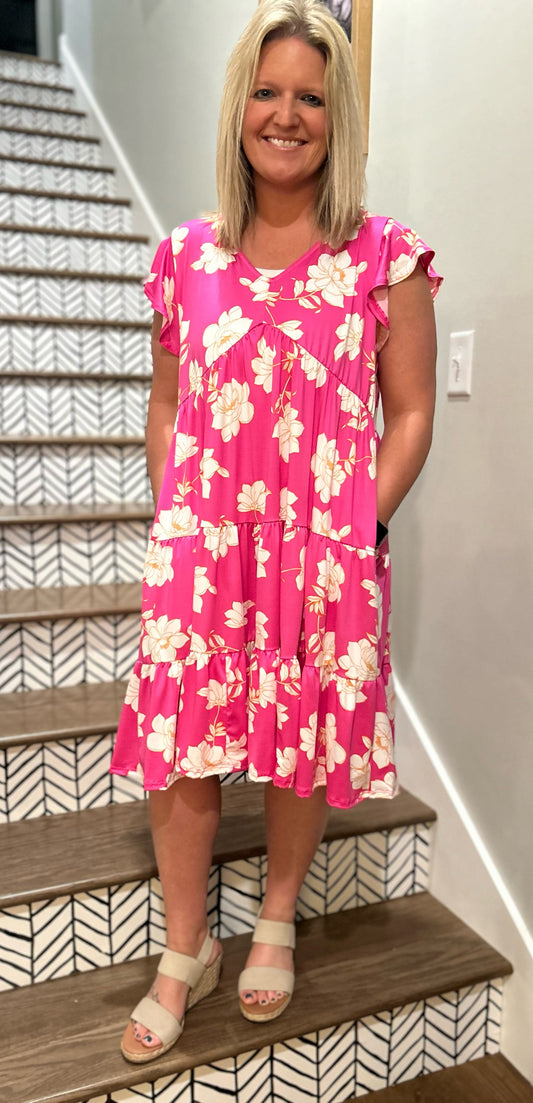 Fuchsia V-Neck Babydoll Dress with Pockets