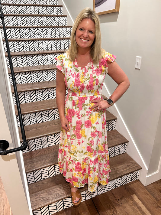 Lined Floral Smocked Midi Dress