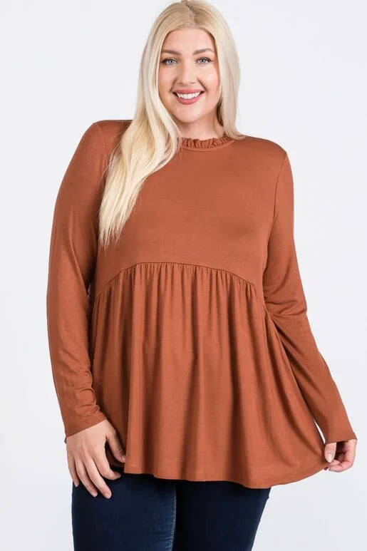 Plus Camel Ruffle Neck Baby Doll Top