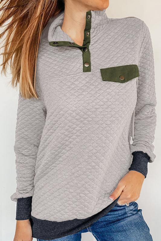 Light Gray Quilted Pullover with Fake Front Pocket