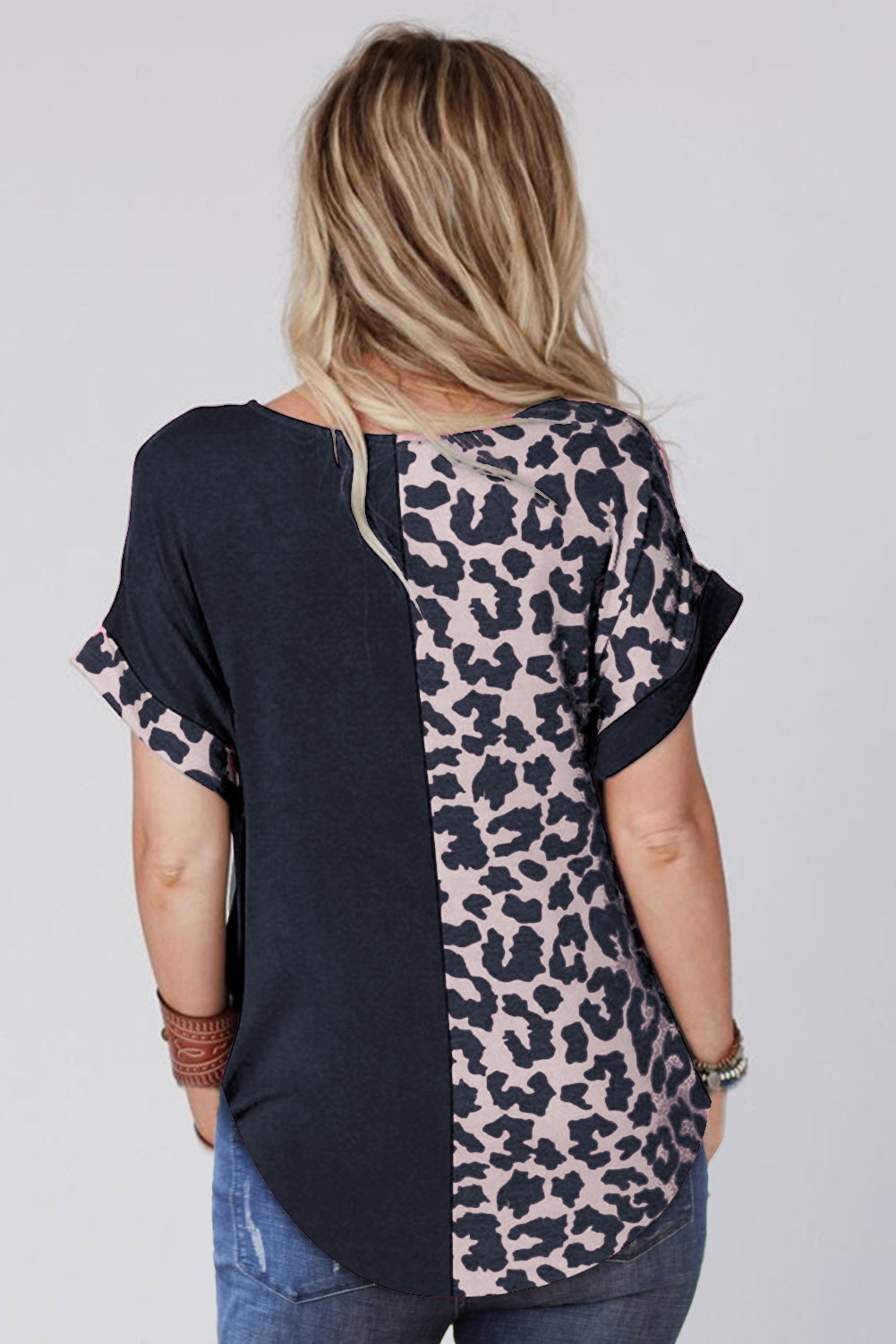 Black Cheetah Patchwork Short Sleeve Top