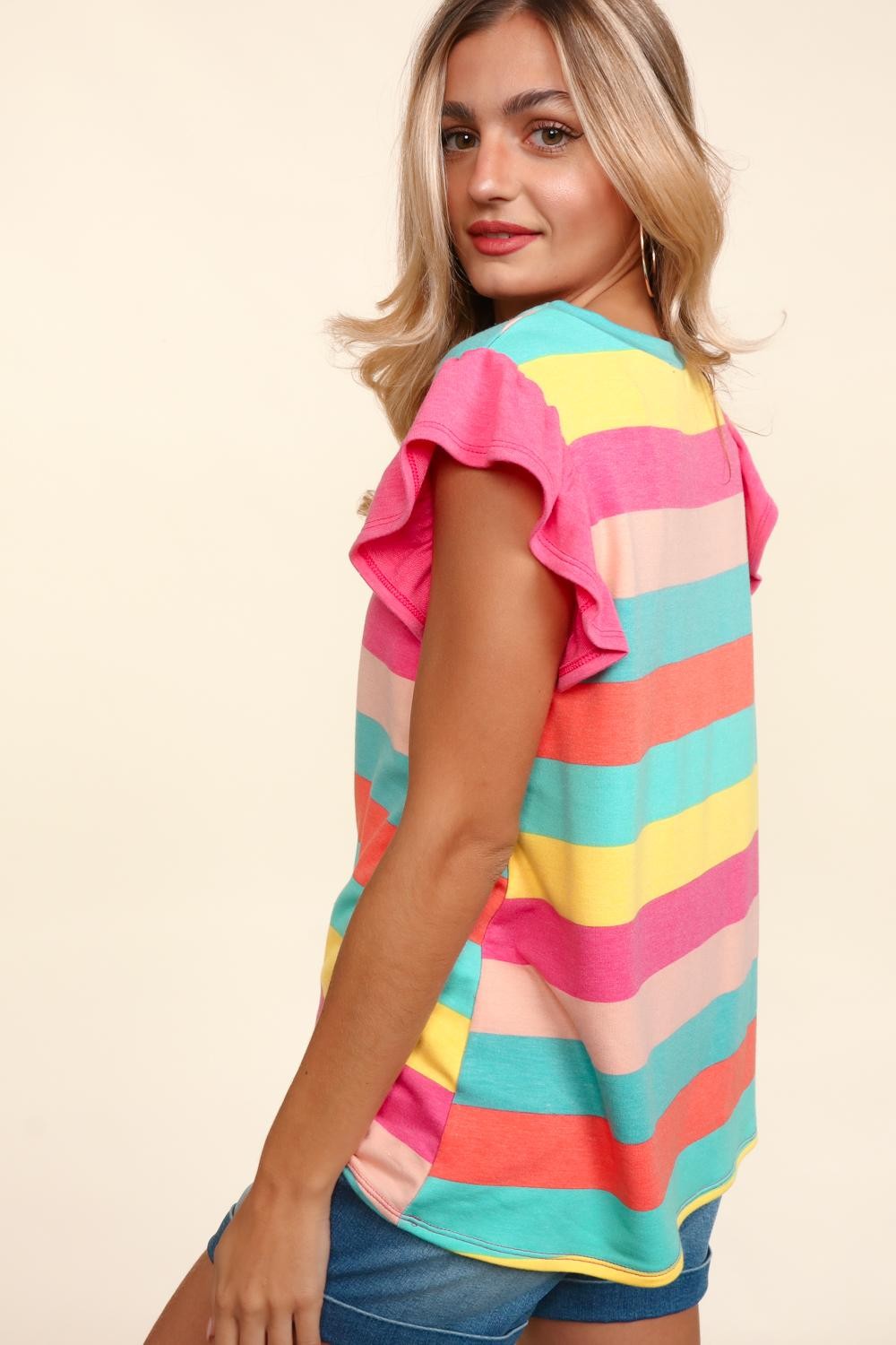 Multi Color Stripe Ruffle Sleeve Top