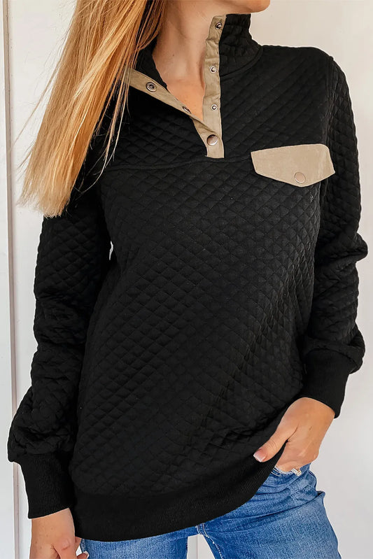 Black Quilted Pullover with Fake Front Pocket