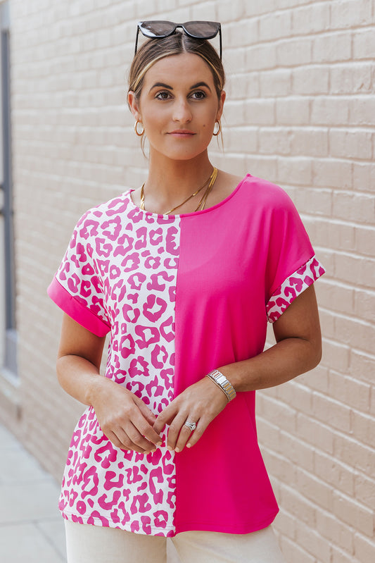 Rose Cheetah Patchwork Short Sleeve Top