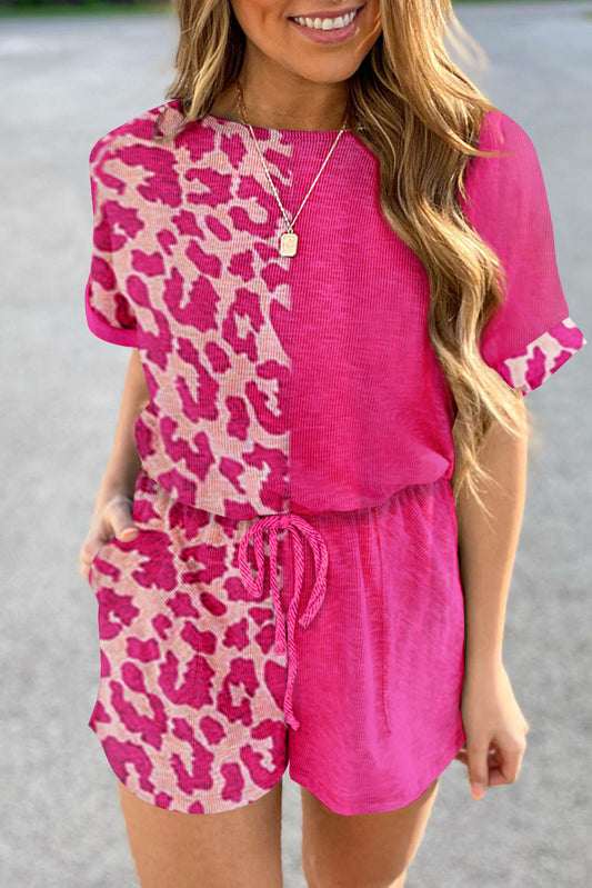 Pink Half Cheetah Print Drawstring Knit Romper