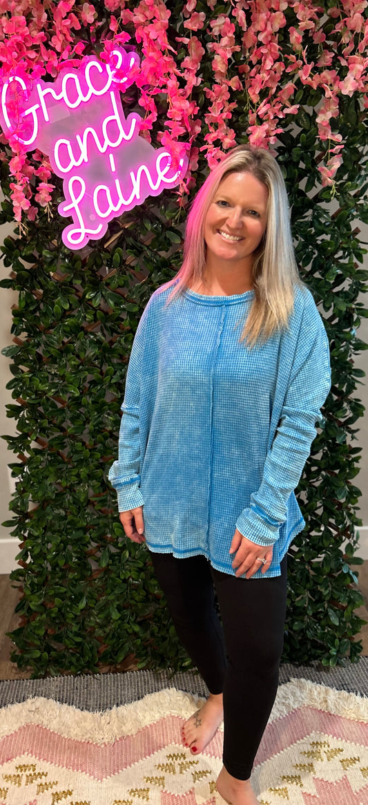 Blue Acid Washed Long Sleeved Waffle Top