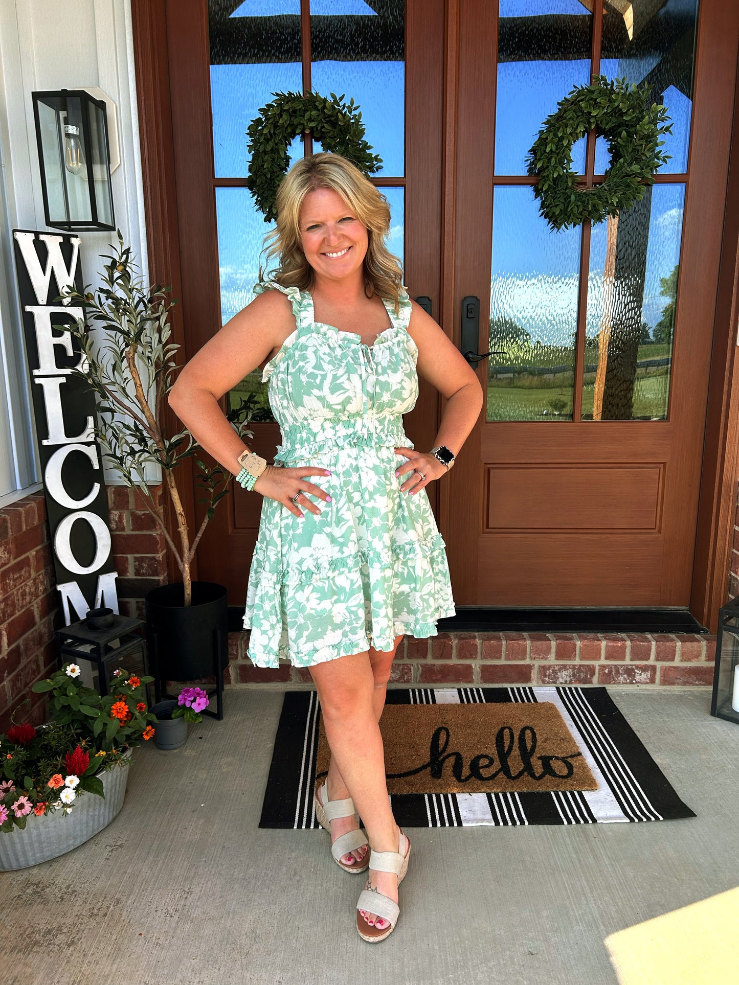 Mint Lined Floral Front Tie Ruffle Mini Dress