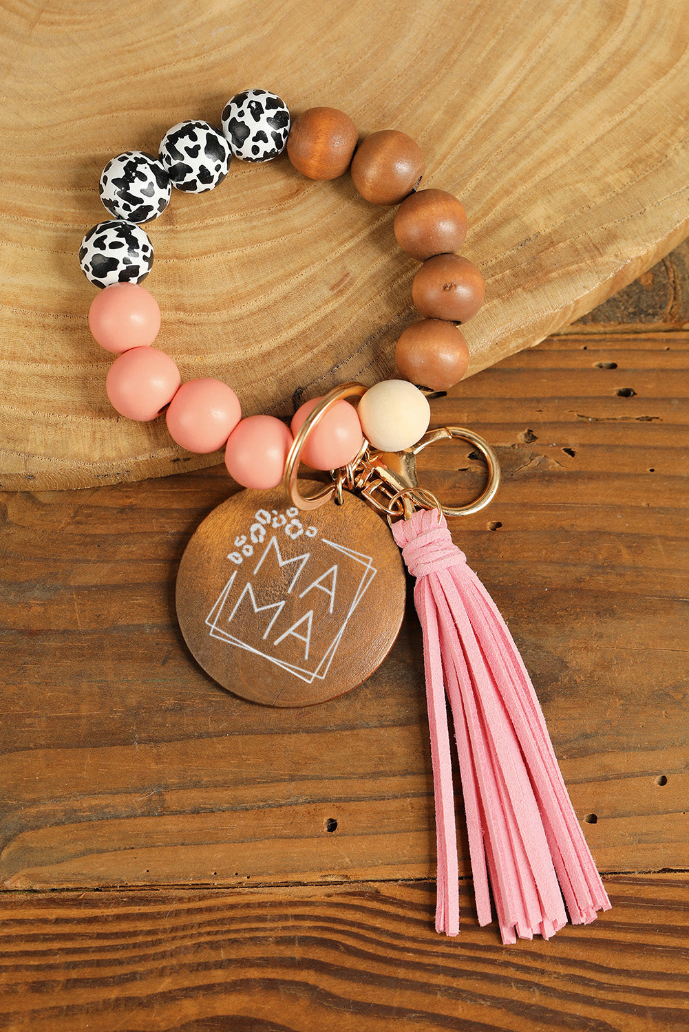 Pink MAMA Wood Pendant Cheetah Fringe Keychain