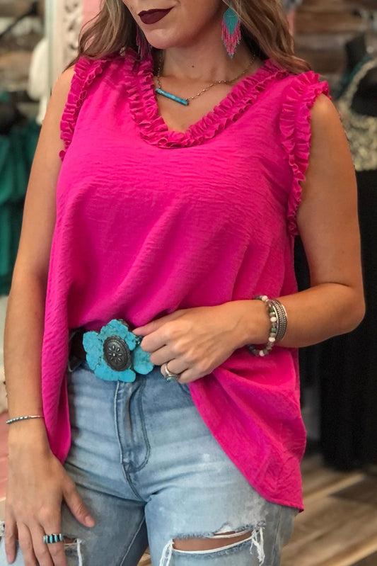 Pink Frilled Trim V Neck Sleeveless Top