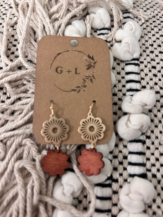 Brown Boho Wooden Floral Earrings