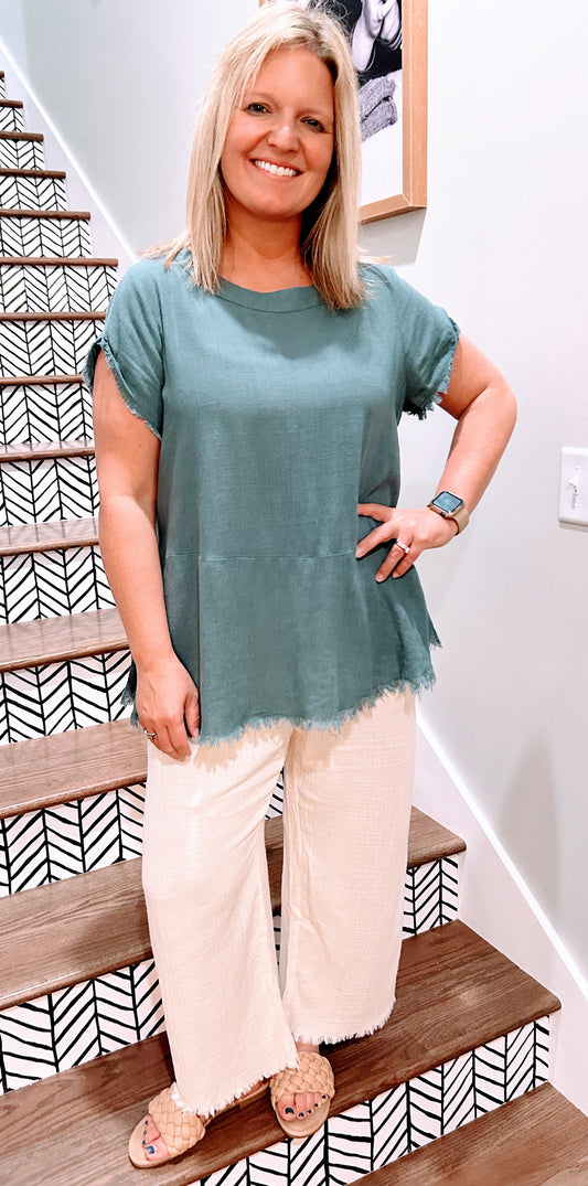 Lagoon Blue Frayed Linen Blend Top