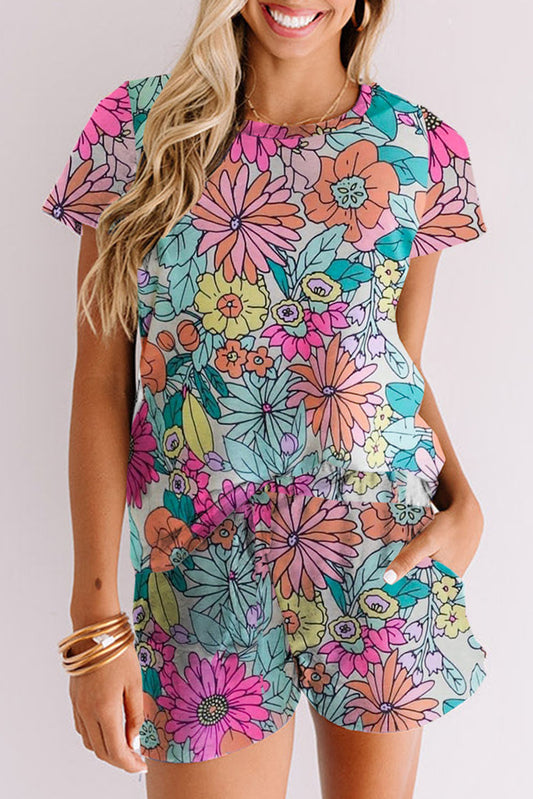 Multicolor Floral Short Sleeve Lounge Set