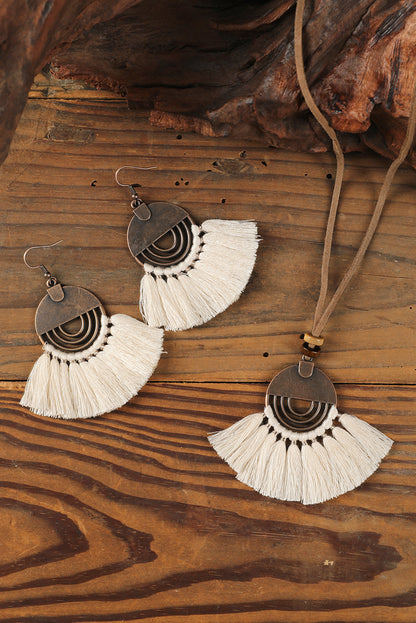 Beige Boho Tasseled Earrings and Necklace Set