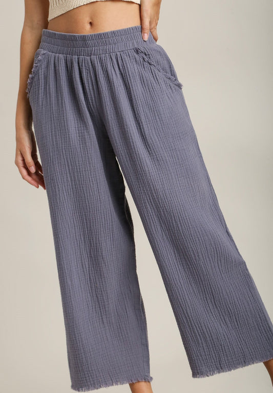 Ash Blue Frayed Wide Leg Gauze Pants (Relaxed Fit)