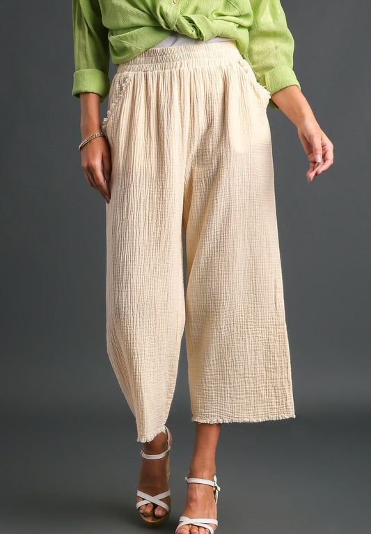 Cream Frayed Wide Leg Gauze Pants (Relaxed Fit)