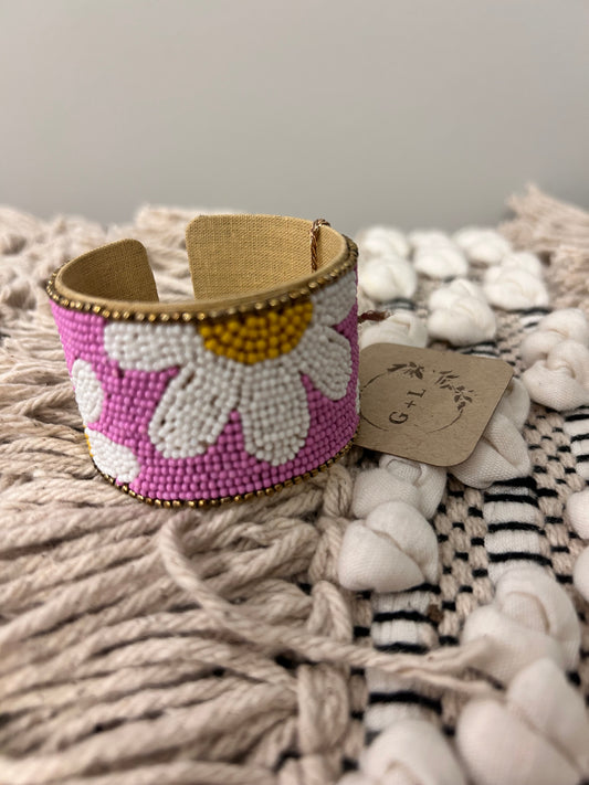 Daisy Beaded Wide Cuff Bracelet