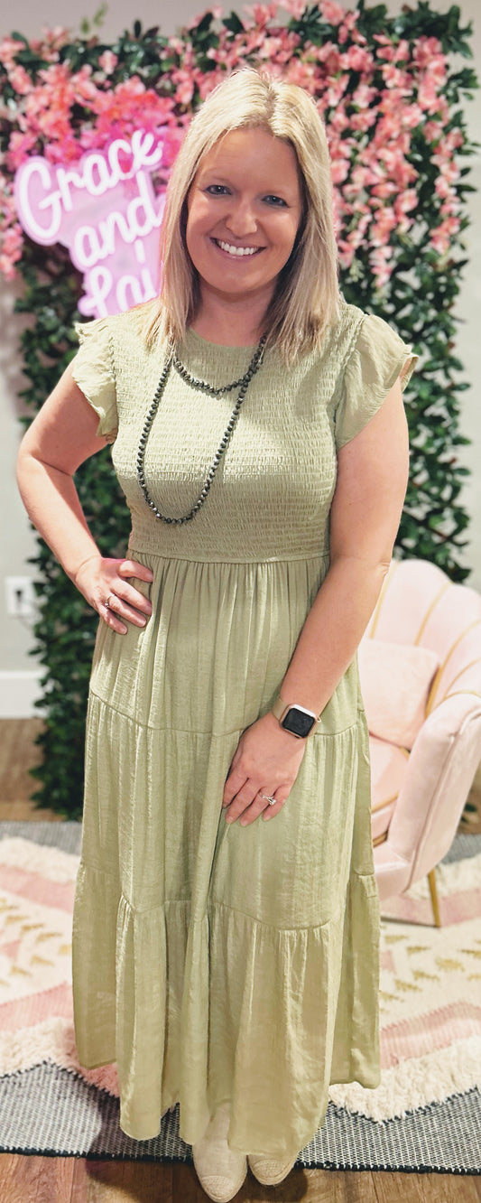 Olive Smocked Midi Dress (Lined)