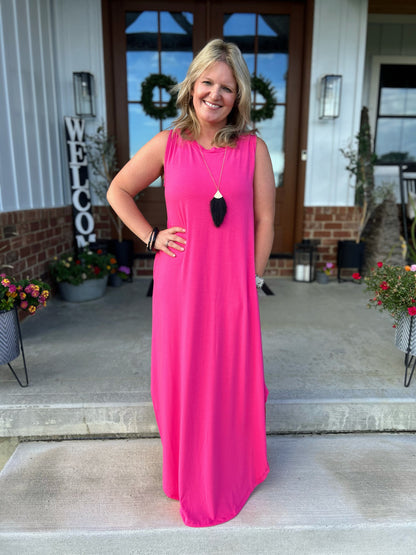 Hot Pink Sleeveless Maxi Dress with Pockets