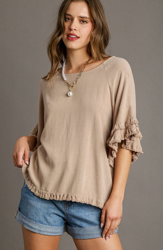 Latte Layered Ruffle Top with Frayed Hem