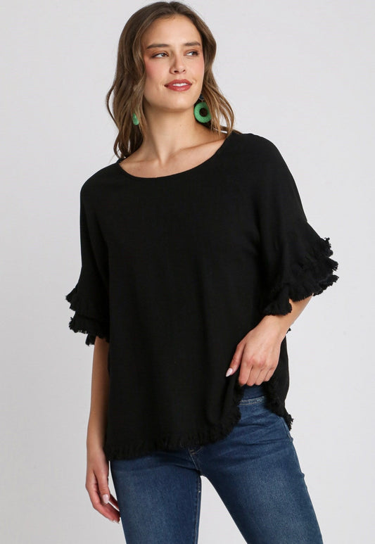 Black Layered Ruffle Top with Frayed Hem