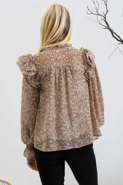 Beige Floral Ruffle Long Sleeve Top