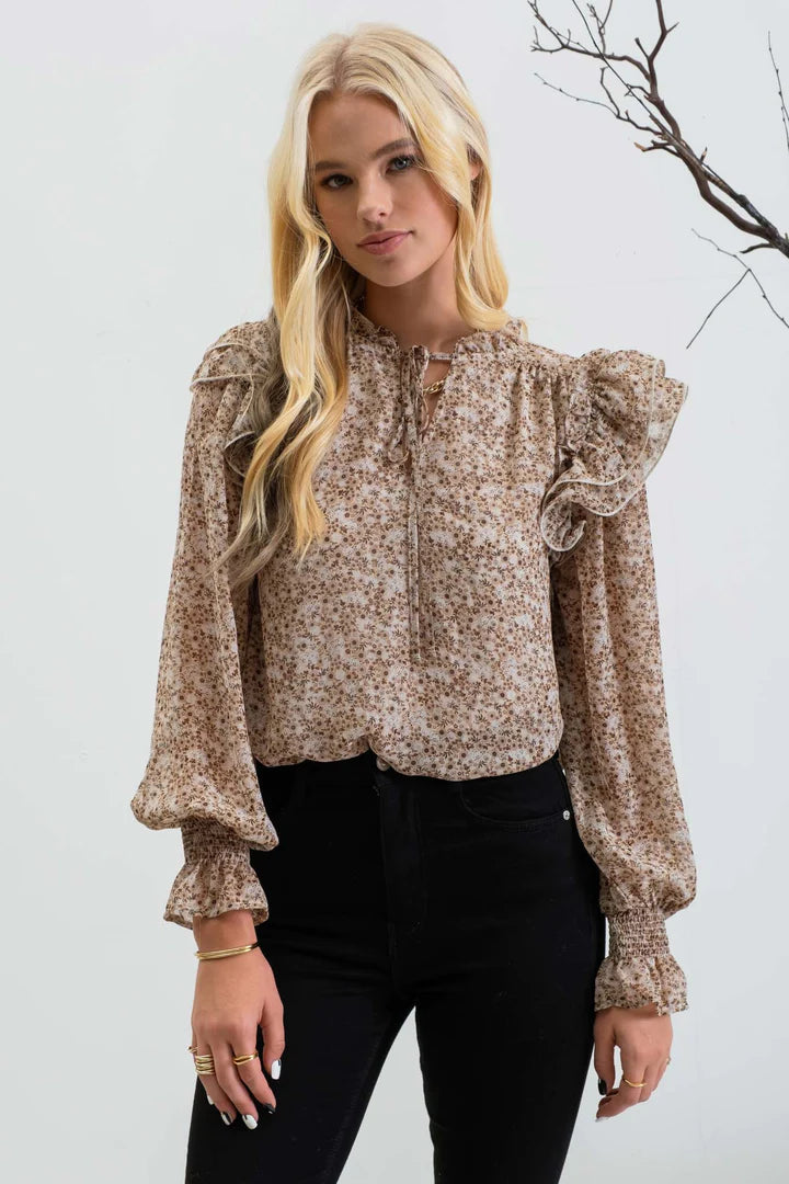 Beige Floral Ruffle Long Sleeve Top