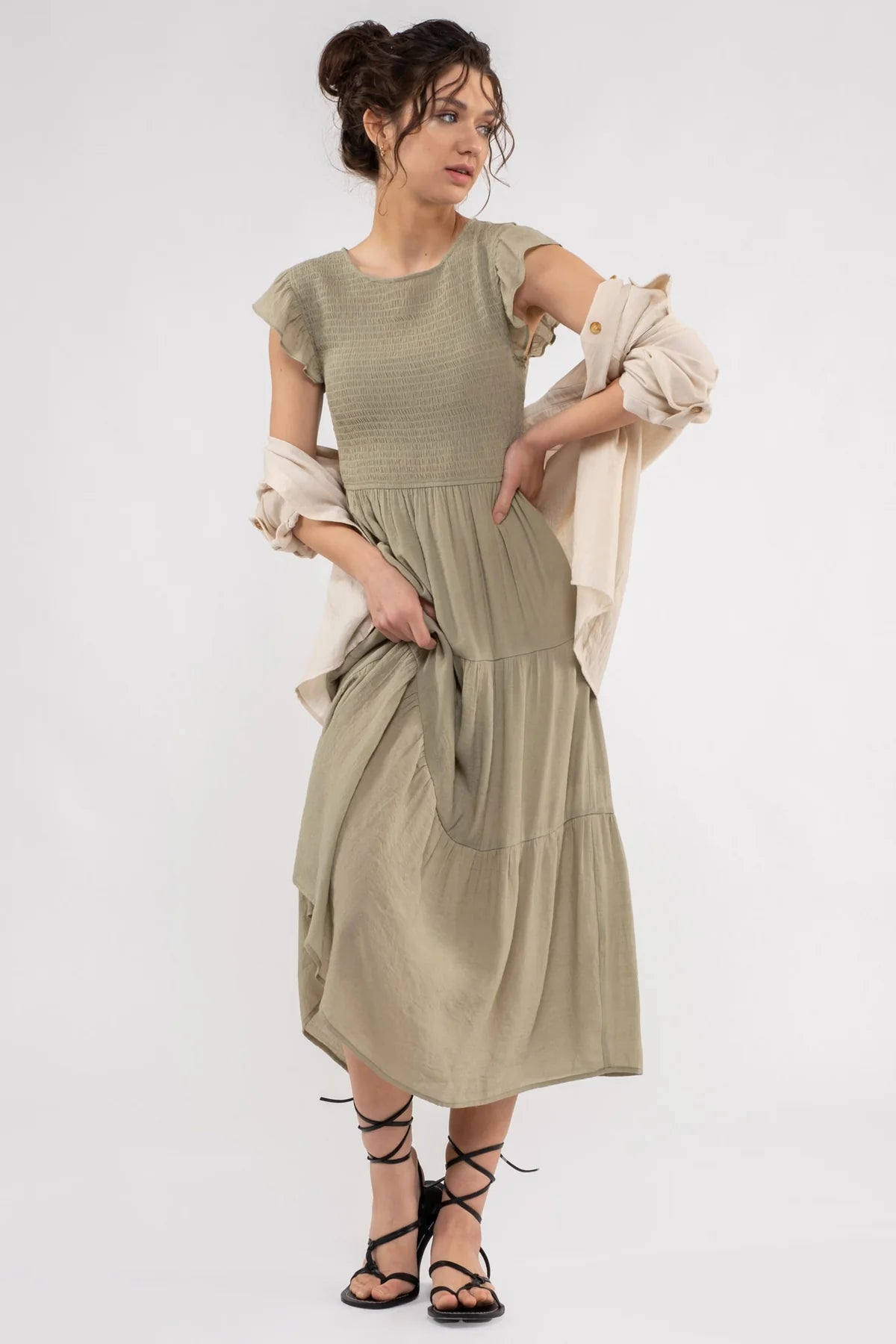 Olive Smocked Midi Dress (Lined)