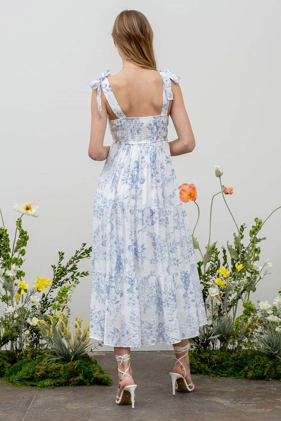 Blue Fruit Blossom Tiered Midi Dress