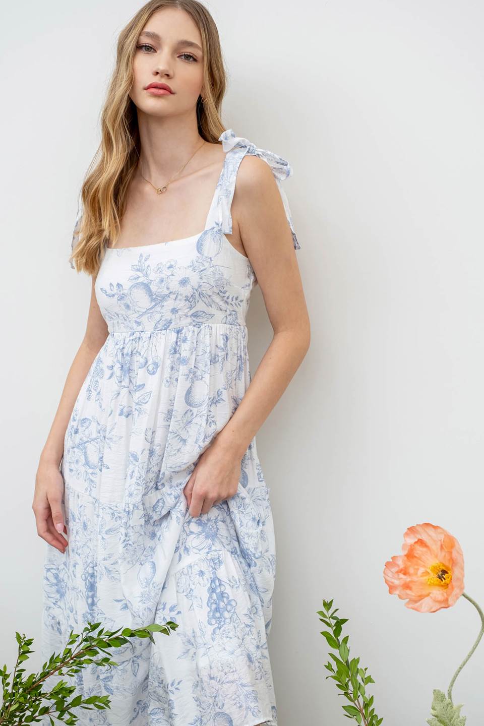 Blue Fruit Blossom Tiered Midi Dress