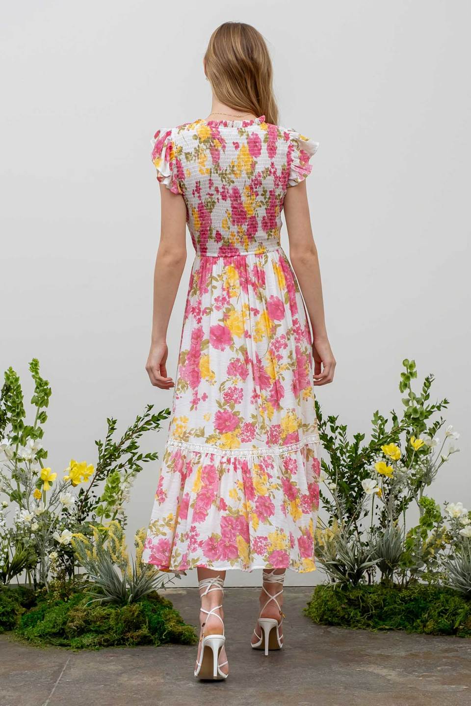 Lined Floral Smocked Midi Dress