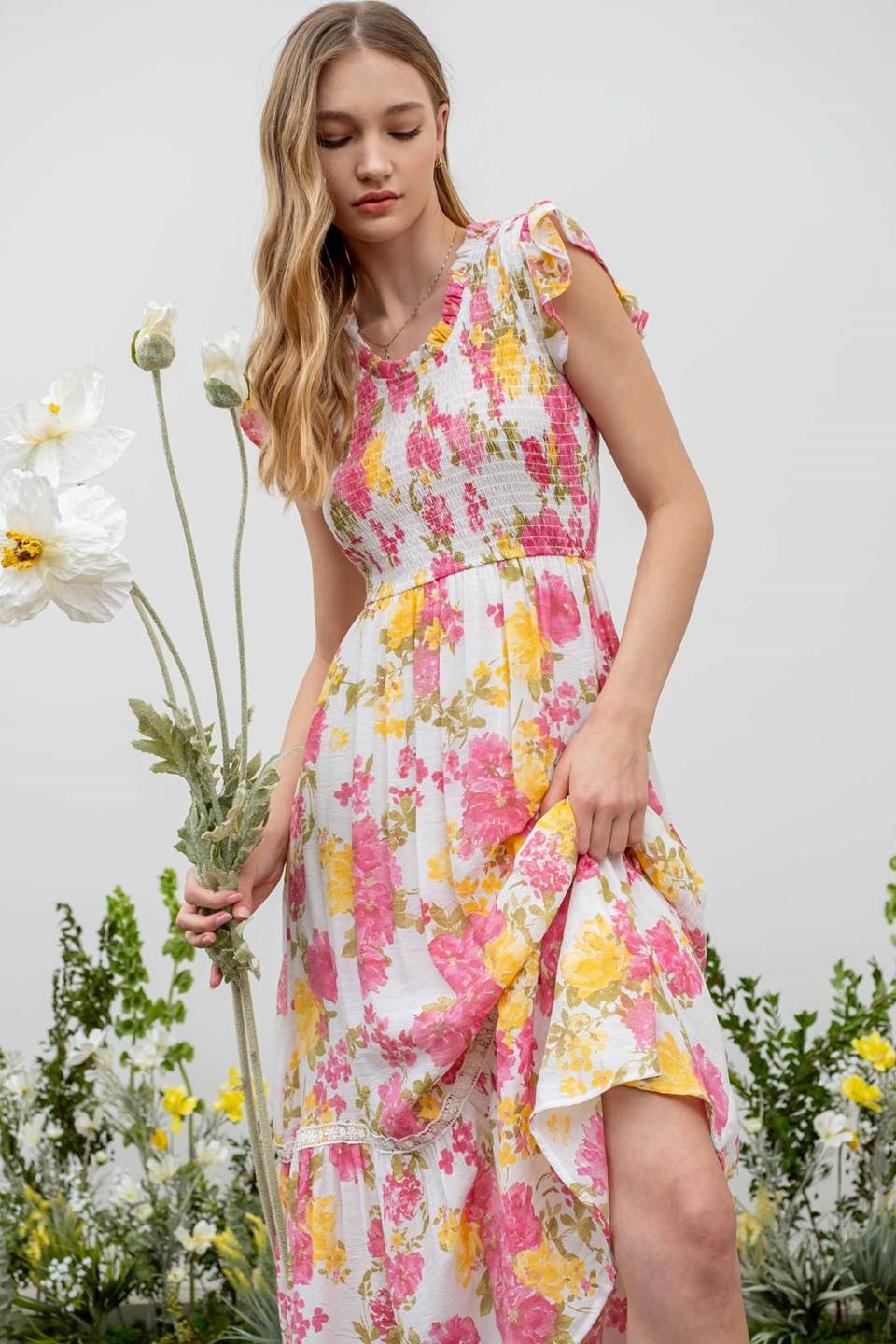 Lined Floral Smocked Midi Dress