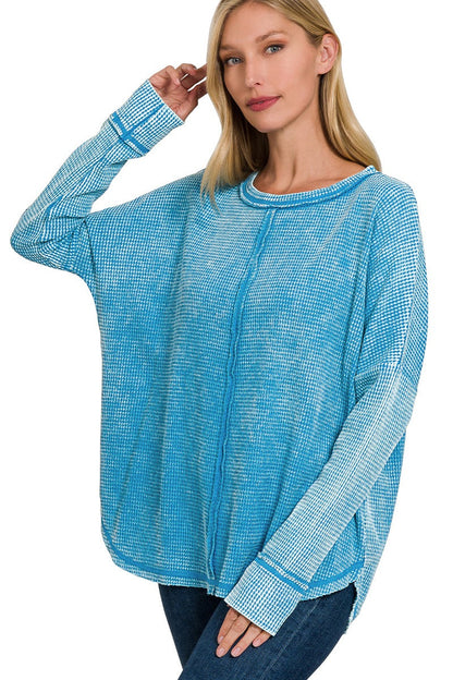 Blue Acid Washed Long Sleeved Waffle Top