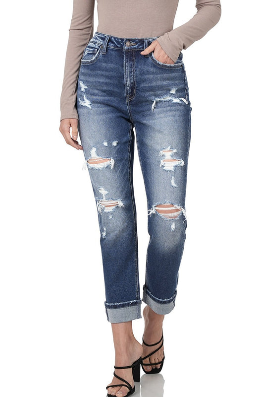 Zenana Distressed Cuffed Mom Jeans