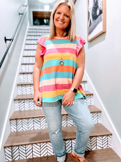 Multi Color Stripe Ruffle Sleeve Top