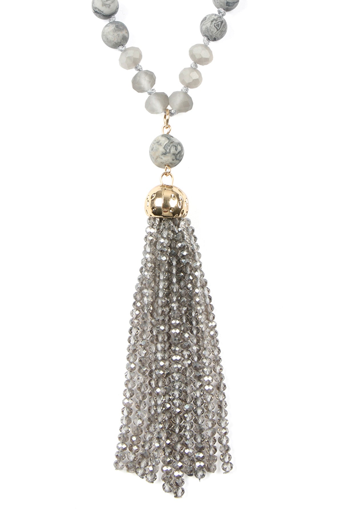 Gray Beaded Tassel Necklace