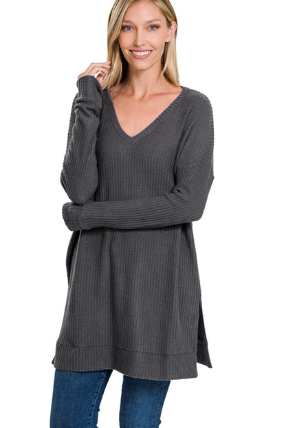 Gray Waffle V-Neck Sweater