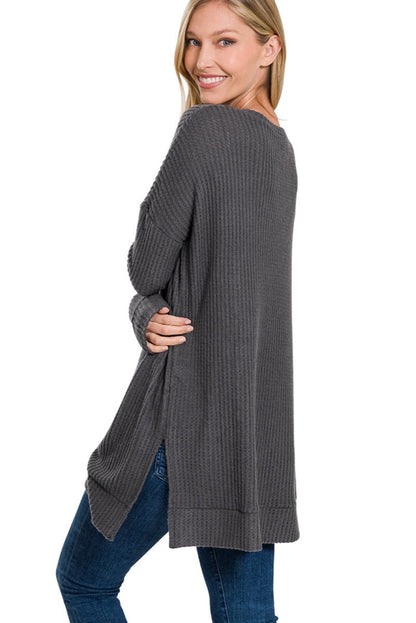 Gray Waffle V-Neck Sweater