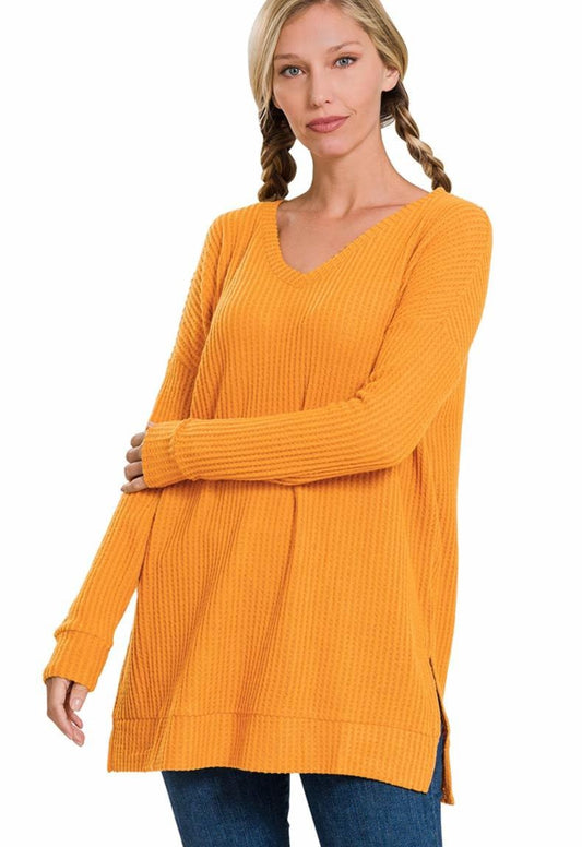 Mustard Waffle V-Neck Sweater