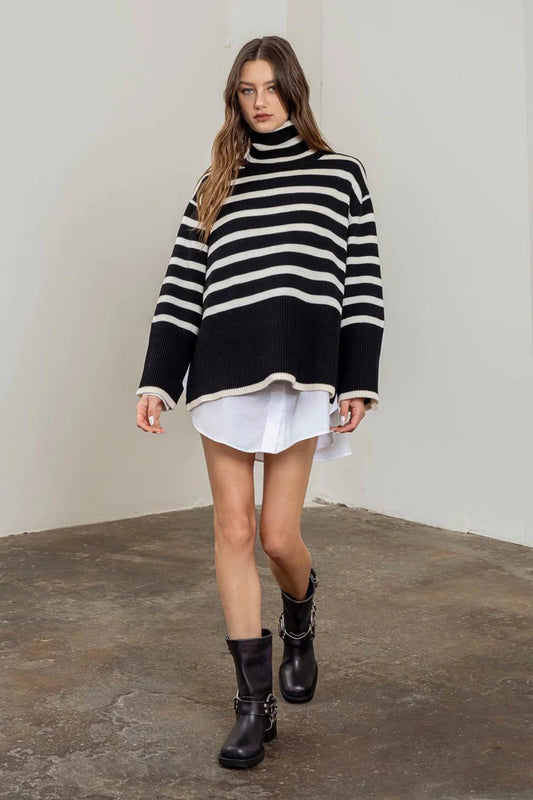 Black Stripe Oversize Turtle Neck Sweater