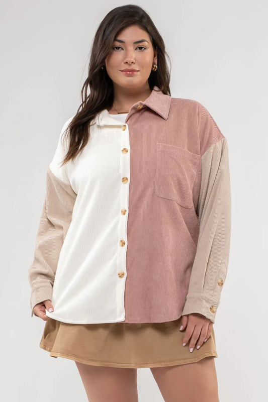 Plus Pink Colorblock Corduroy Top