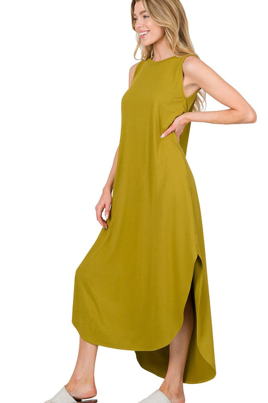 Olive Sleeveless Relaxed Dress with Pockets