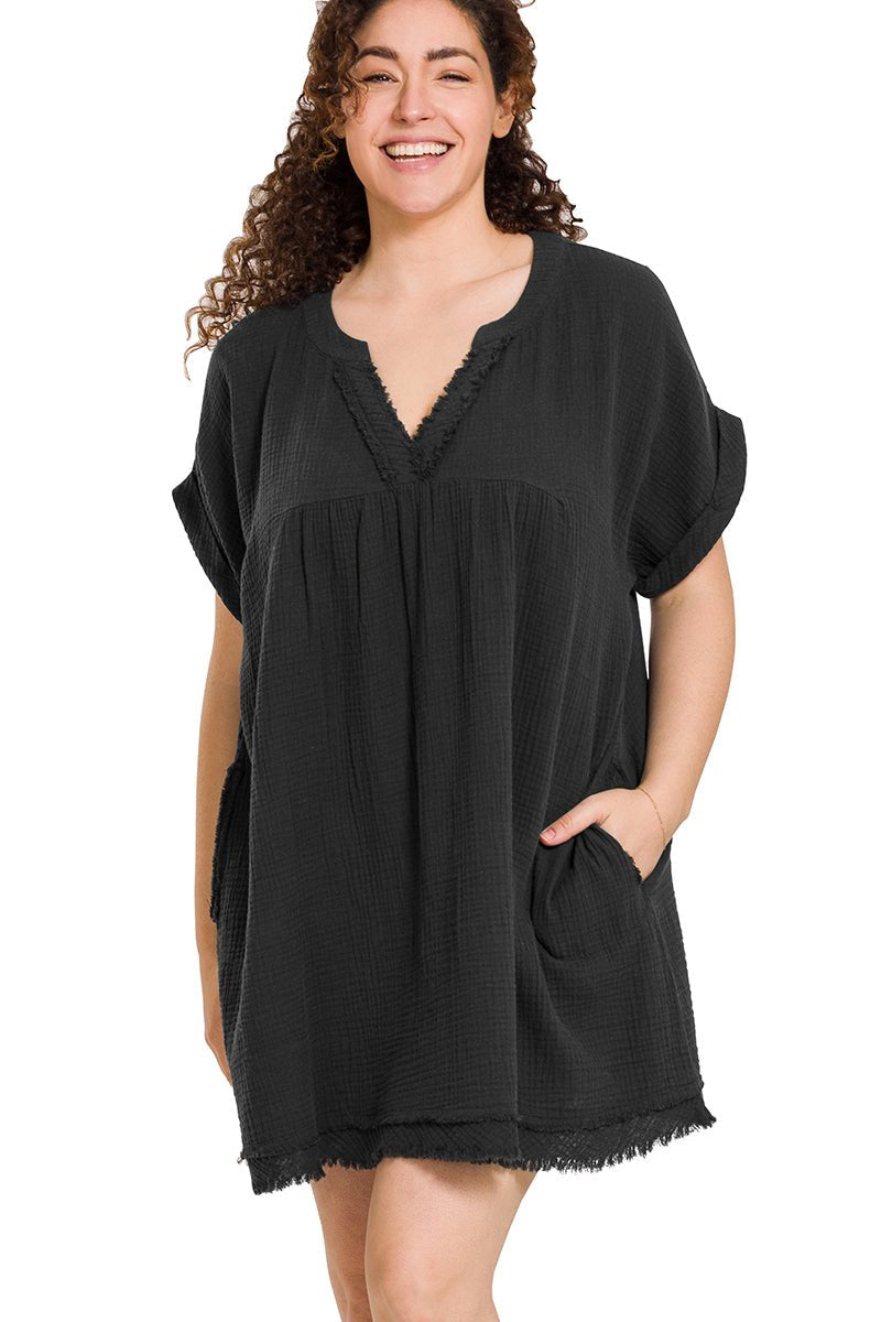 Plus Black Gauze Frayed Dress