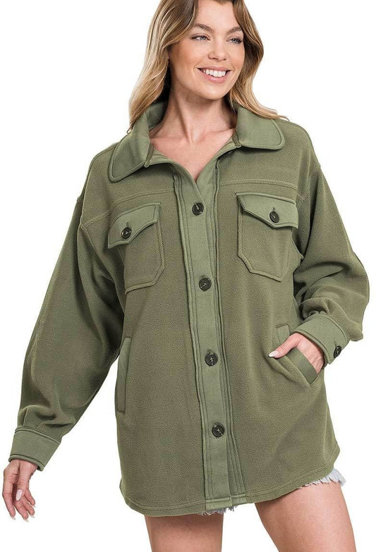 Olive Oversized Fleece Shacket